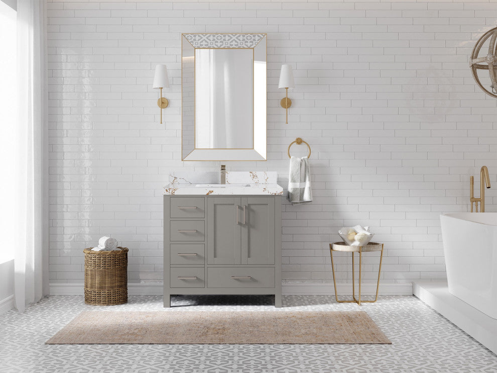Malibu 36 Center Sink Bath Vanity in Elephant Skin Gray 2" Viola Gold