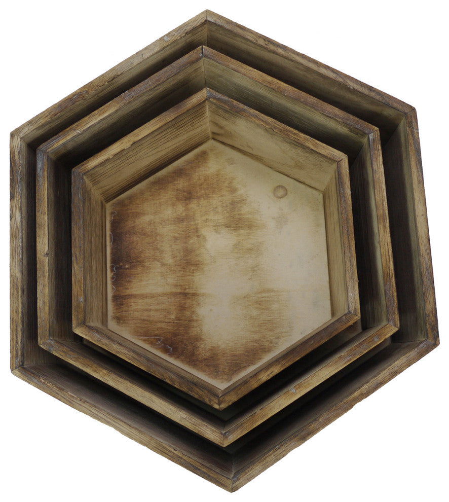 11.8" Brown Wash Hexagon Wood Crate, Set of 3