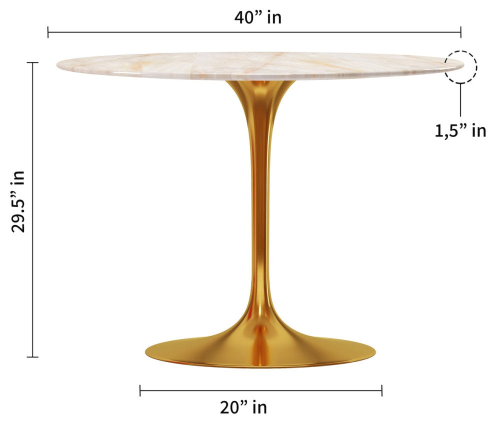 Rose 40" Round Onyx Marble Dining Table, Gold Base