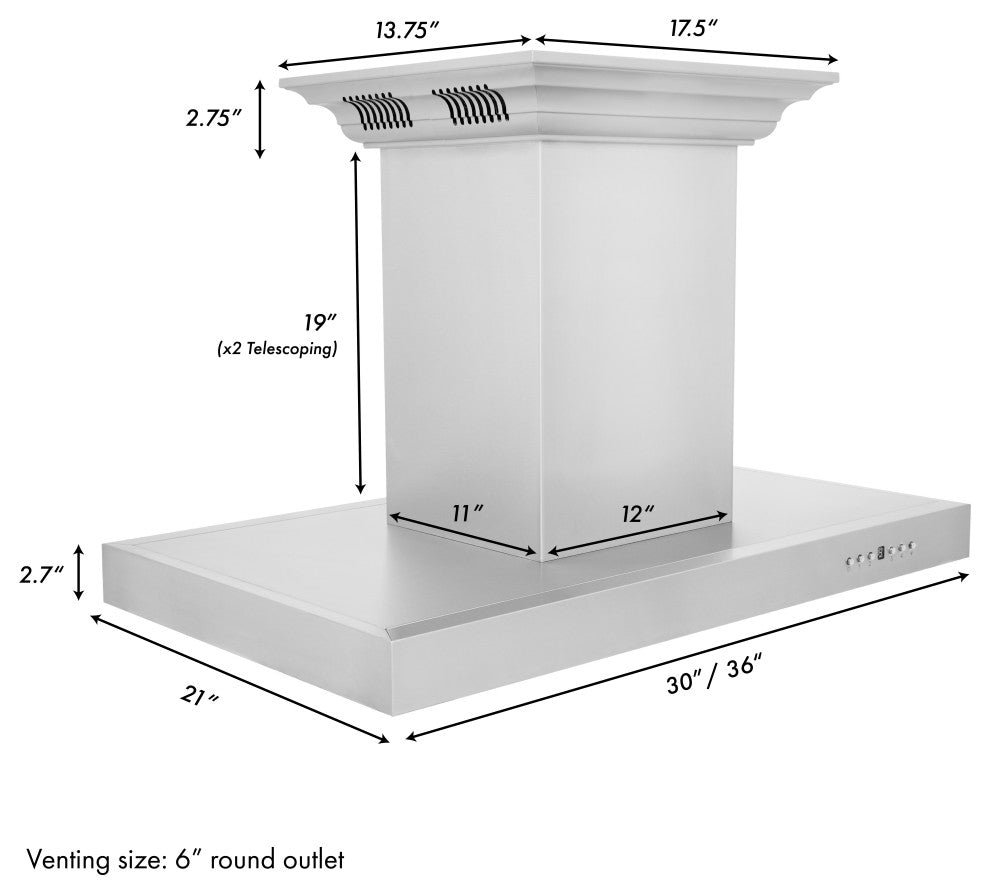 30" ZLINE CrownSound  Island Mount Range Hood, Stainless Steel, KE2iCRN-BT-30