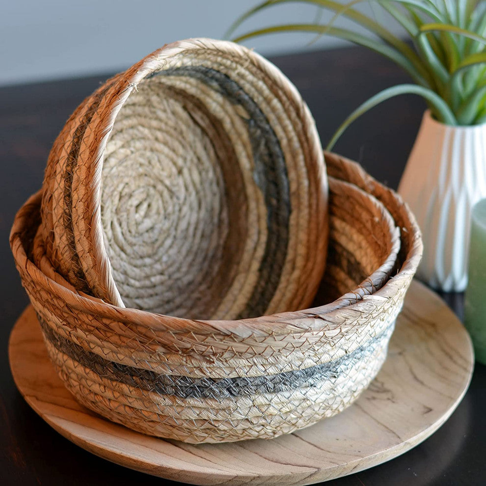 3 Piece Stripes Wicker Basket Set