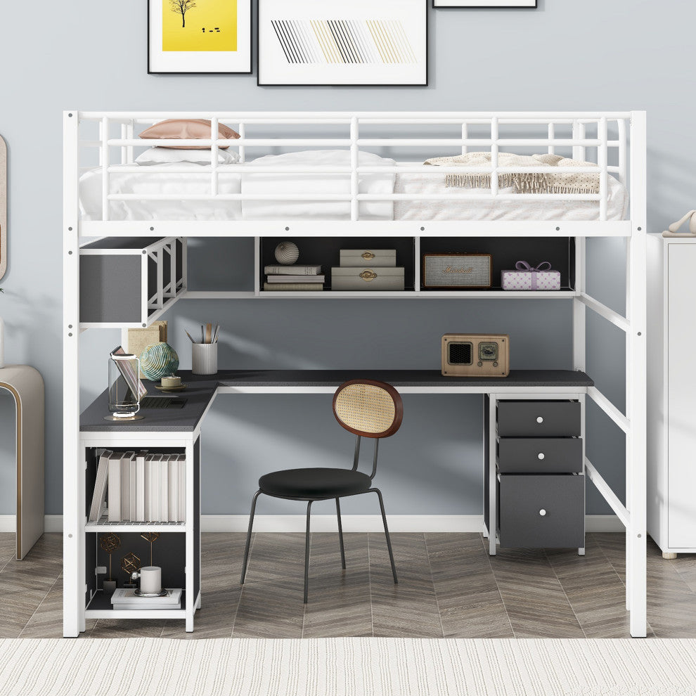 Gewnee Metal Loft Bed with bookcase, desk and cabinet, Full, White