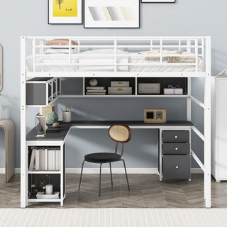 Gewnee Metal Loft Bed with bookcase, desk and cabinet, Full, White