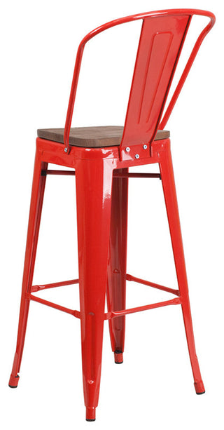 30" High Metal Barstool With Back and Wood Seat, Red