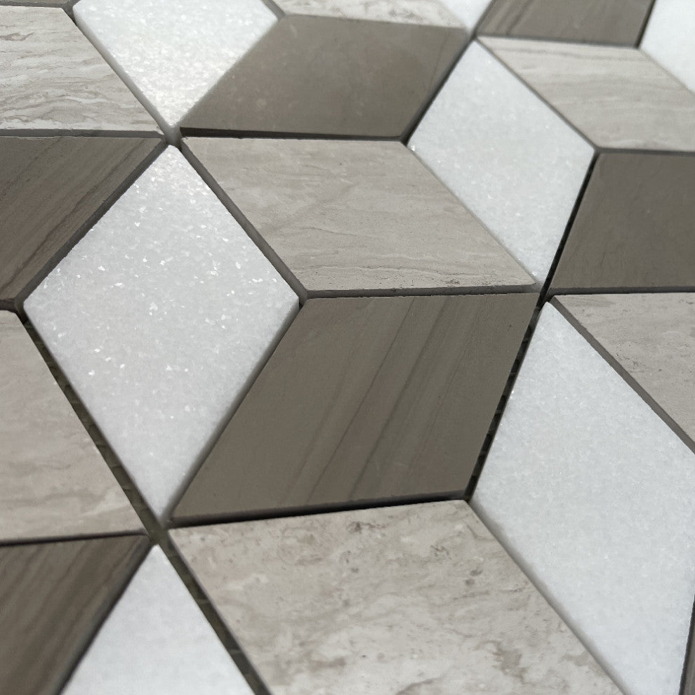 Athens Silver Cream Marble 3D Cube Diamond Geometry Hex Mosaic Tile, 1 sheet
