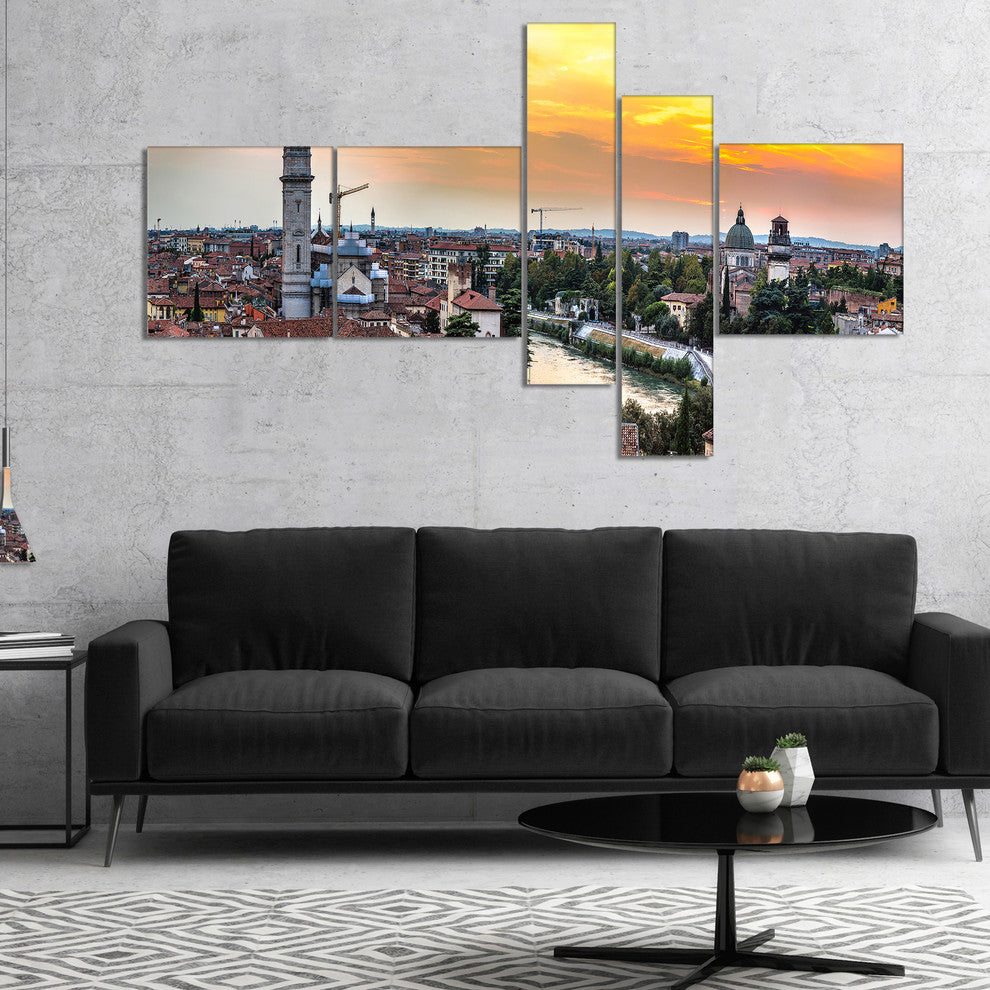 Verona at Sunset in Italy, Cityscape Canvas Art Print, 60"x32", 5 panels