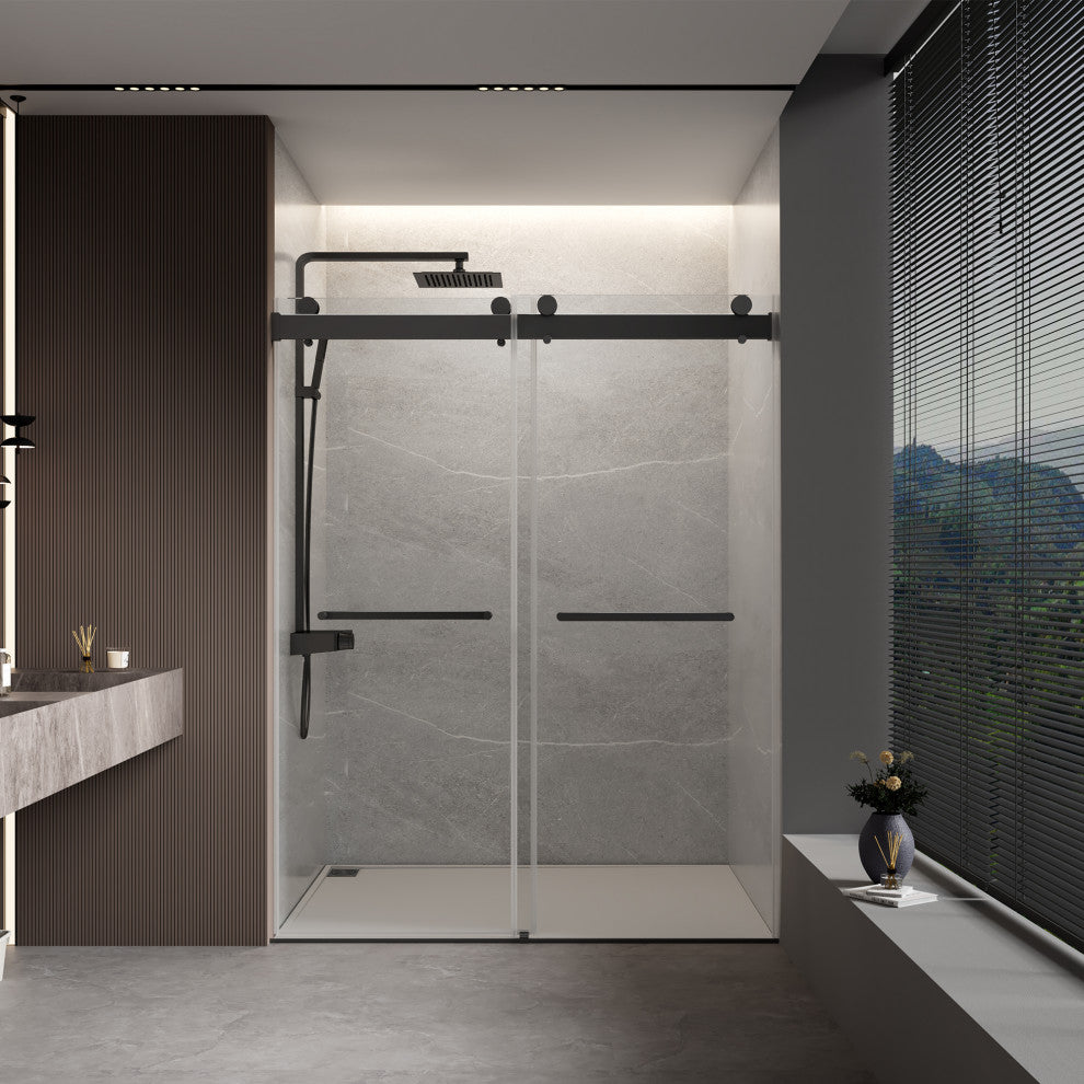 48" Frameless Sliding Shower Door, Matte Black, Soft-Closing
