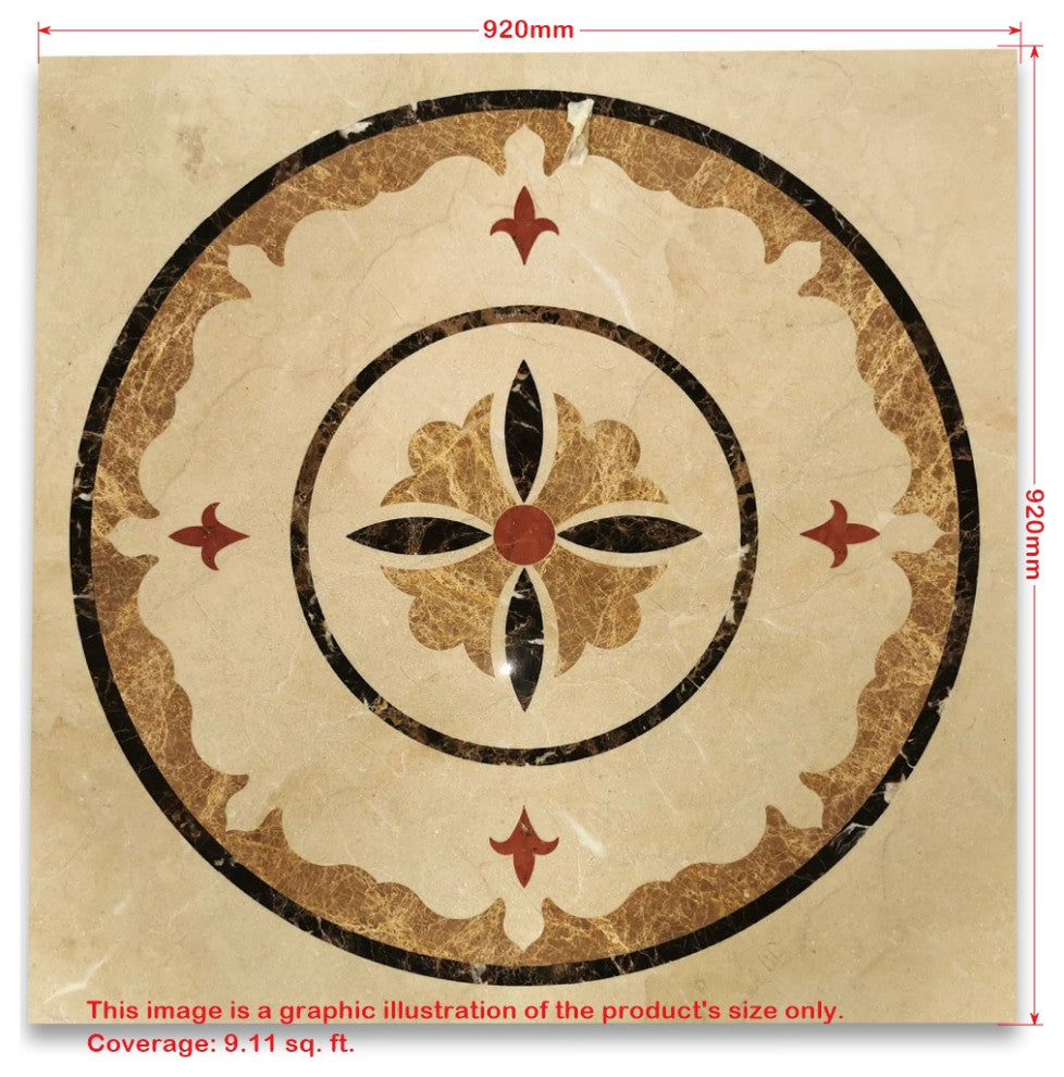 Marble Medallion Garden Emperador Rojo 36" Inlay Waterjet Art Piece, 1 piece