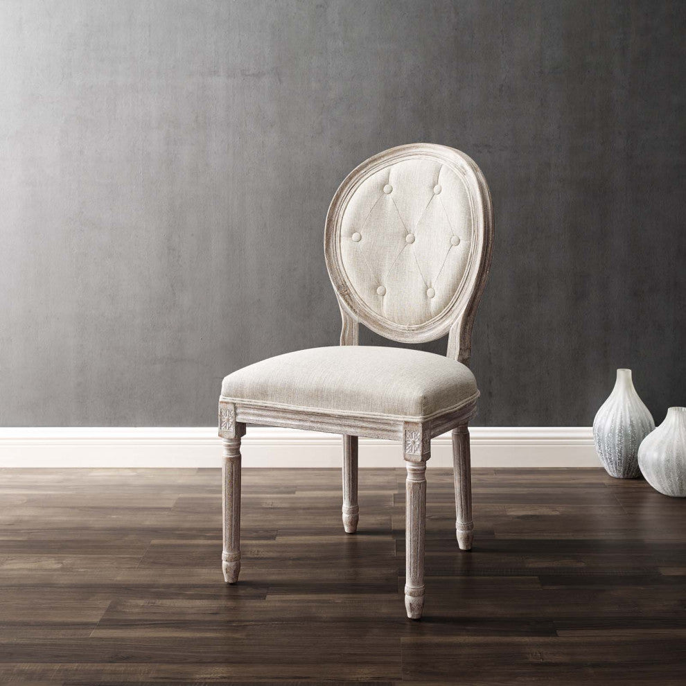 French Vintage Side Dining Chair, Fabric, Wood, Beige, Modern, Bistro Restaurant