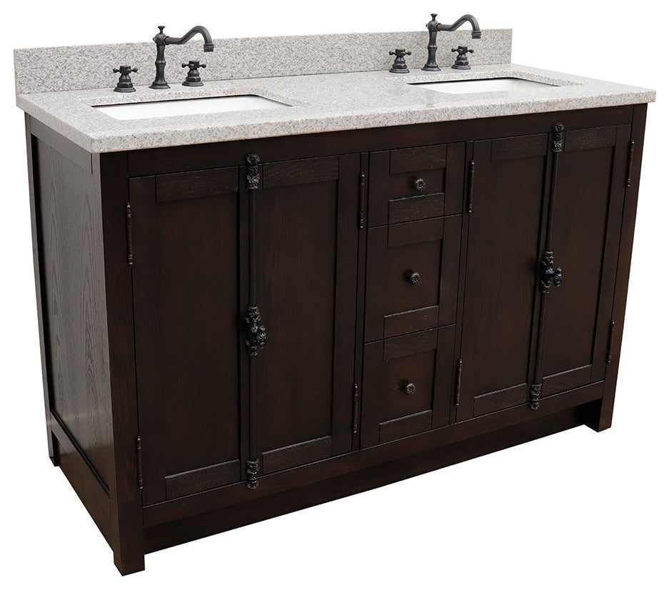 55" Double Vanity, Brown Ash Finish With Gray Granite Top