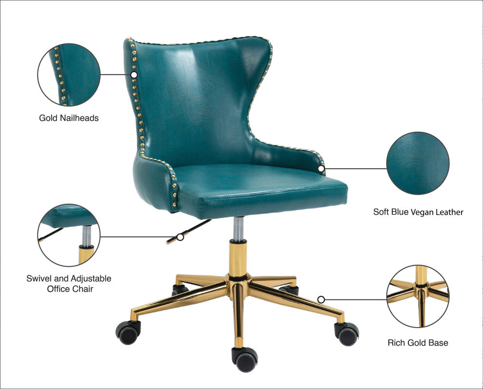 Hendrix Swivel and Adjustable Vegan Leather Office Chair, Blue, Rich Gold Base