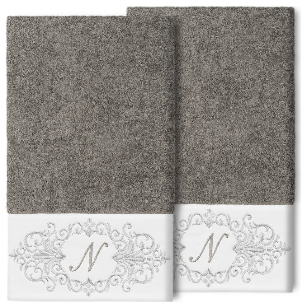 Linum Home Turkish Cotton Monica 2-Piece Embellished Bath Towel Set, Dark Gray