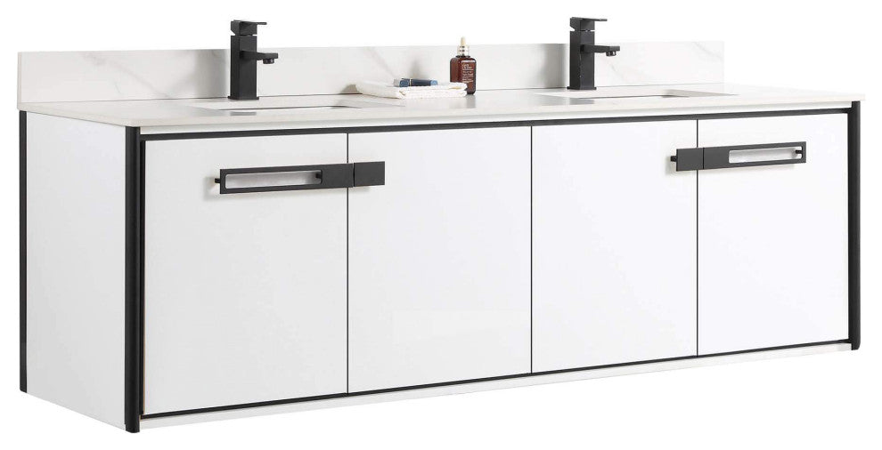 Oakville Wall Mount Bathroom Vanity, White Matte, 72", Black Hardware