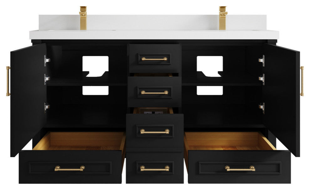 Aberdeen 60 Double Bathroom Vanity in Black 2" White Quartz
