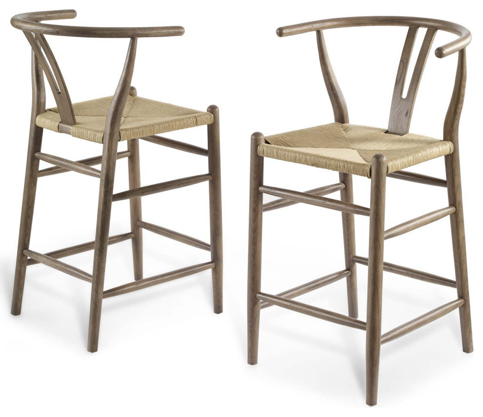 Counter Stool Chair, Set of 2, Wood, Gray, Bar Pub Cafe Bistro Restaurant