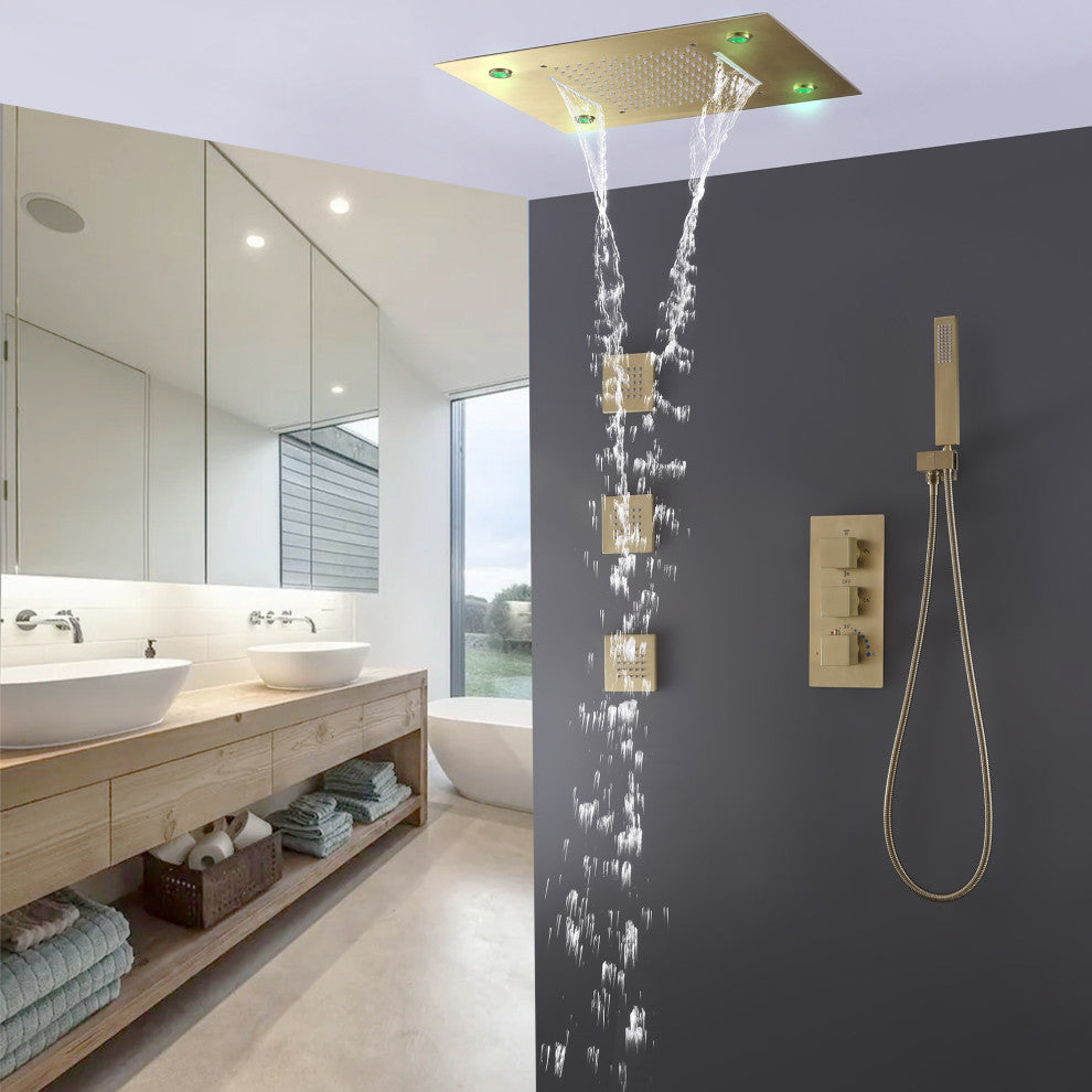 Thermostatic Shower System With Multi Function LED Shower Head, Brushed Gold