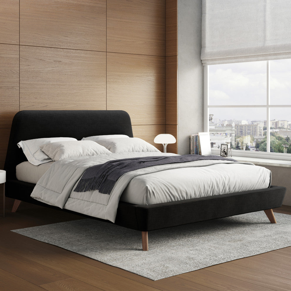 Henry Mid-Century Modern Upholstered Platform Bed, Dark Gray, Queen