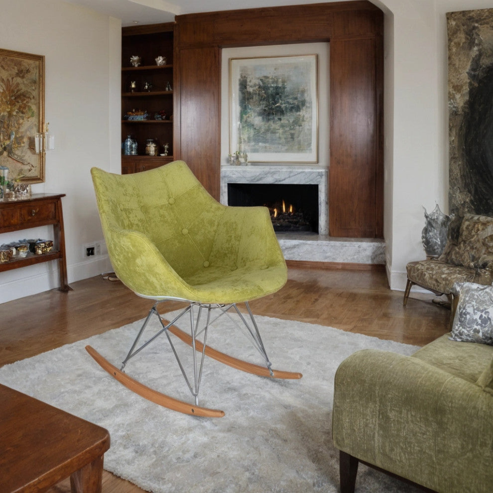 Upholstered Accent Rocking Chair, Velvet With Ash Wood Legs, Lemon Green