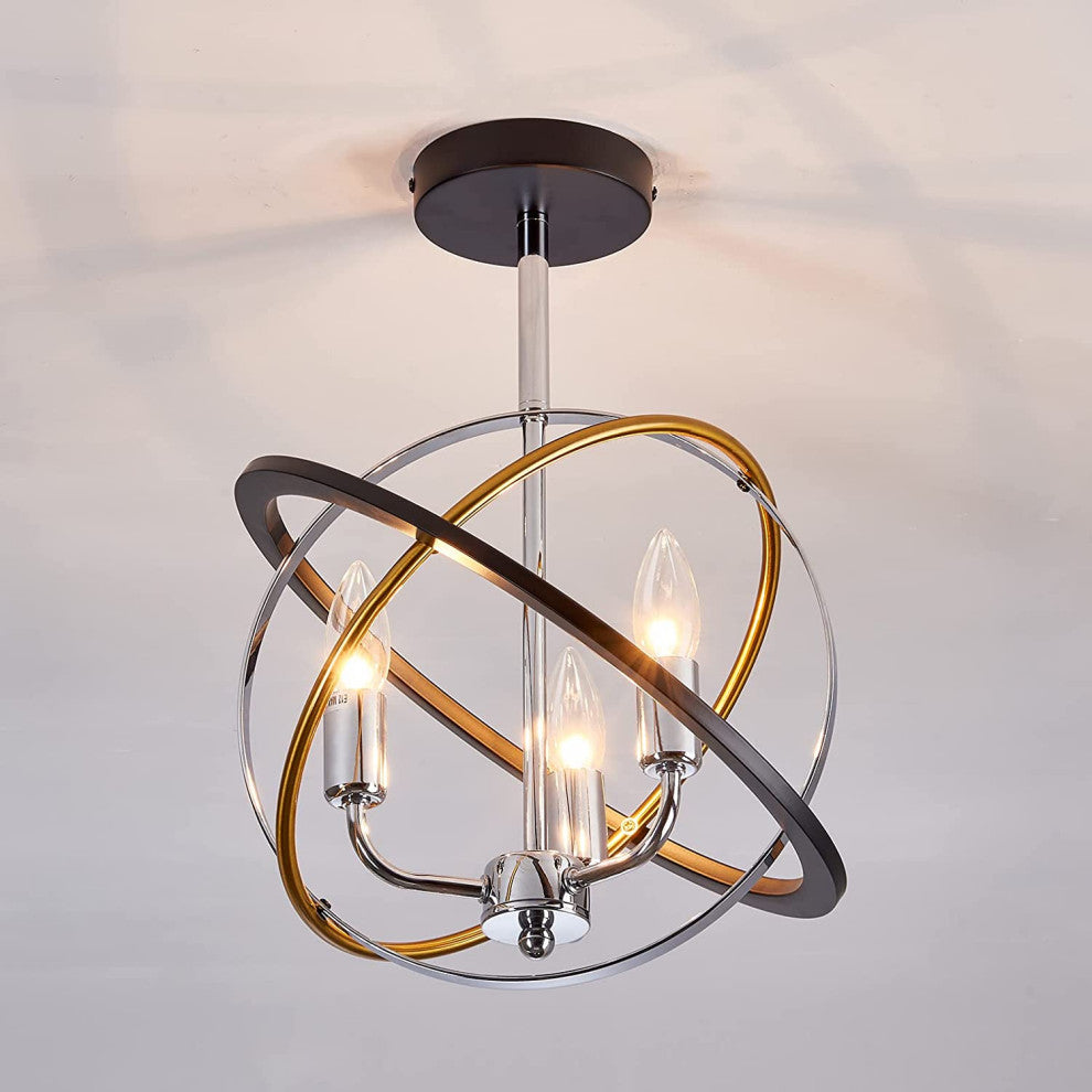 3 Light Farmhouse Semi Flush Mount Ceiling Light, Industrial Vintage, Globe