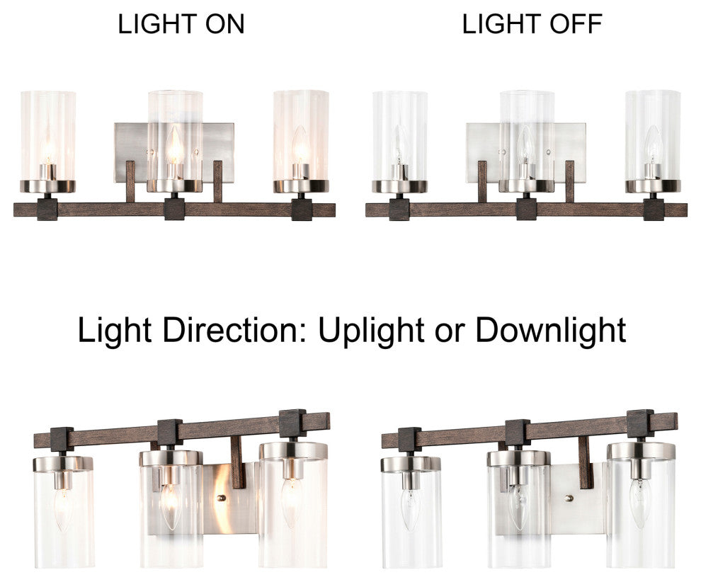 Lucy 3-Light Glass Wall Sconce, Satin Nickel and Faux Wood Finish