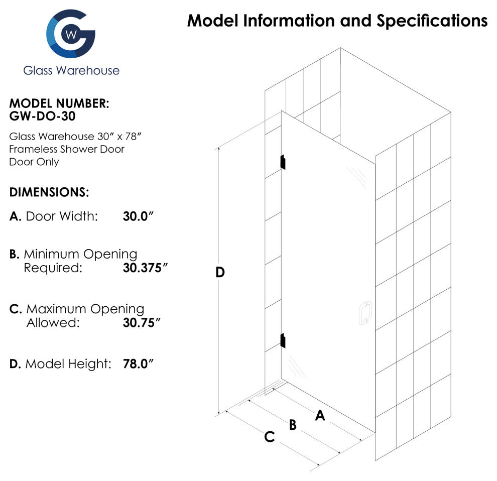 78"x30.375-30.75" Frameless Shower Door, Enduroshield Technology, Polished Brass