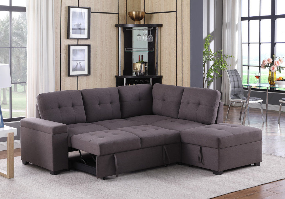 Katie Brown Linen Sleeper Sectional Sofa With Storage Ottoman, Storage Arm