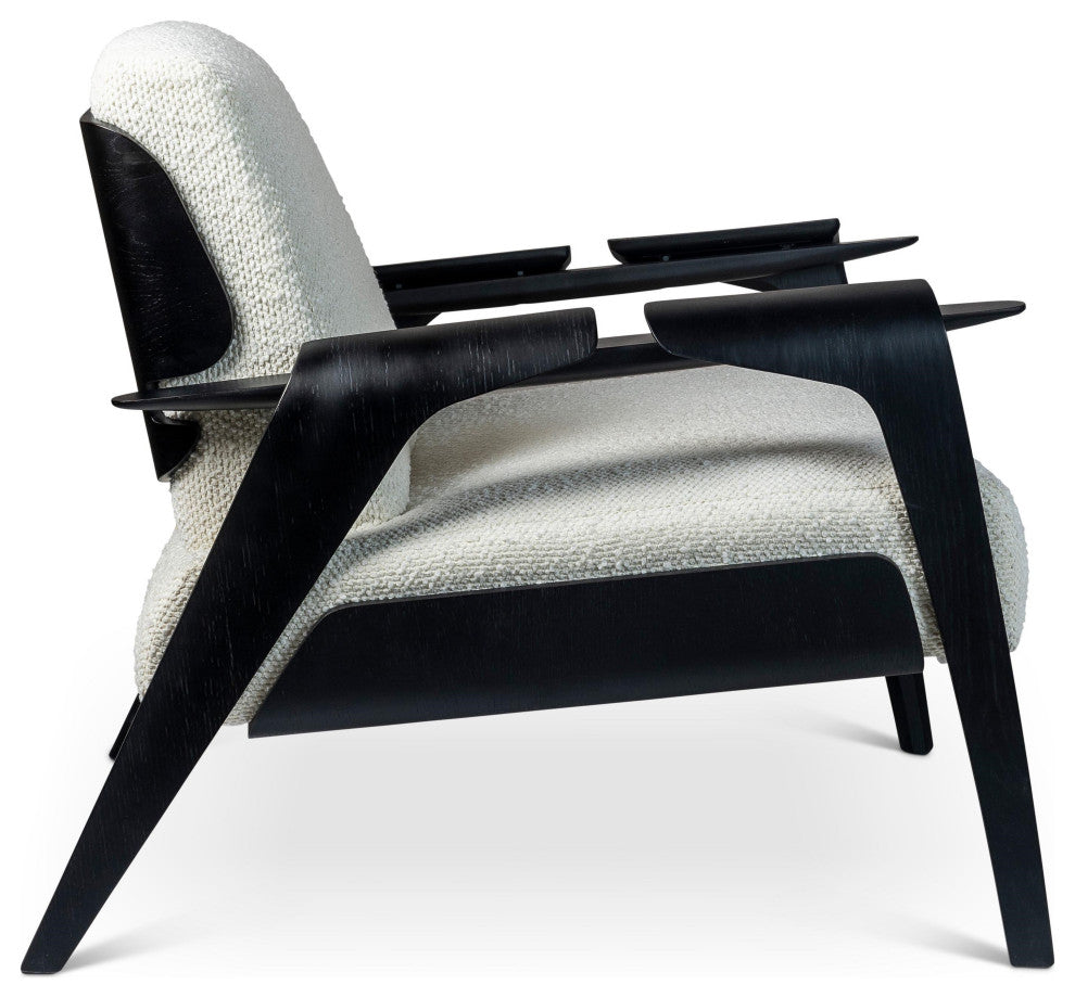 Modern Brazilian, Fly, Accent Chair, Boucle Ivory Upholstery, Black Frame