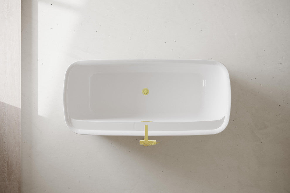 Charolette 67" Soaking Bathtub, Glossy White With Brushed Gold Trim