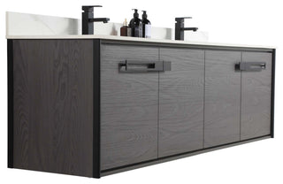 Oakville Wall Mount Bathroom Vanity, Black Coal Oak, 72", Black Hardware