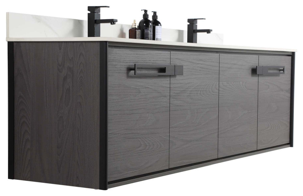 Oakville Wall Mount Bathroom Vanity, Black Coal Oak, 72", Black Hardware