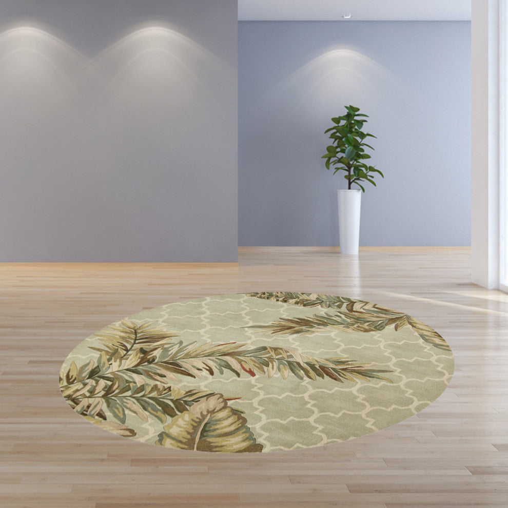 HomeRoots 6' Sage Green Hand Tufted Tropical Quatrefoil Round Indoor Area Rug
