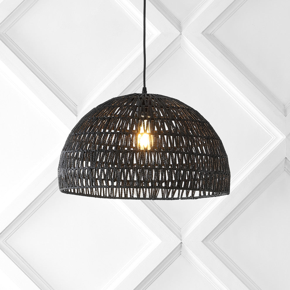 Campana 1-Light Bohemian Modern Woven Rattan/Iron LED Pendant, Black