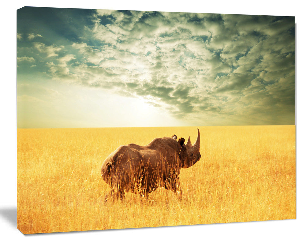 Rhino in Grassland under Cloudy Sky, African Canvas Art Print, 20"x12"