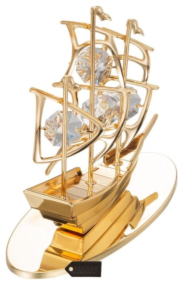 24K Gold Plated Crystal Studded Mayflower Sailing Ship Ornament