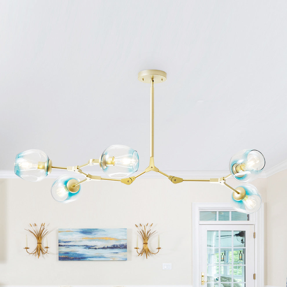 8-Light Adjustable Colorful Glass Shades Chandelier Pendant,Clear Glass Shades, Blue, 5 Light