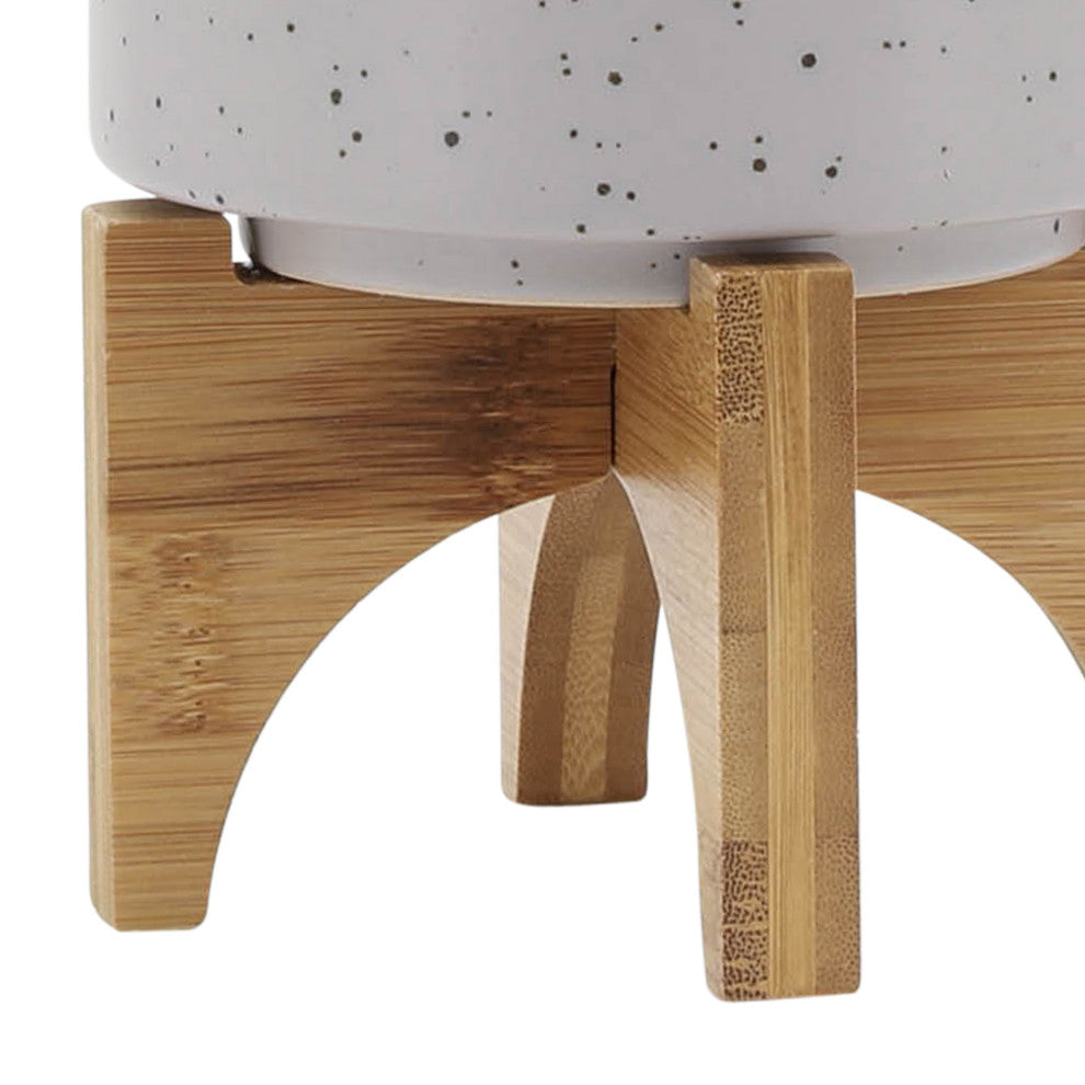 5" Planter With Wood Stand, Matte Beige
