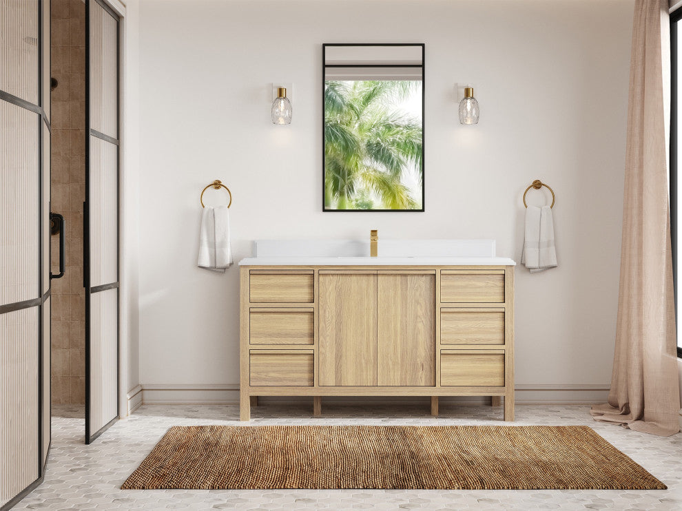 Elizabeth Oak 60" Single Sink Vanity, White 1.5" White Quartz