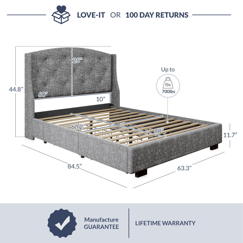 Queen Bed Frame with Headboard 4 Storage Drawers - Gray