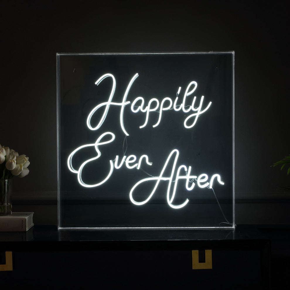 Happily Ever After 23.63" Square Acrylic Box USB Operated LED Neon Light, White