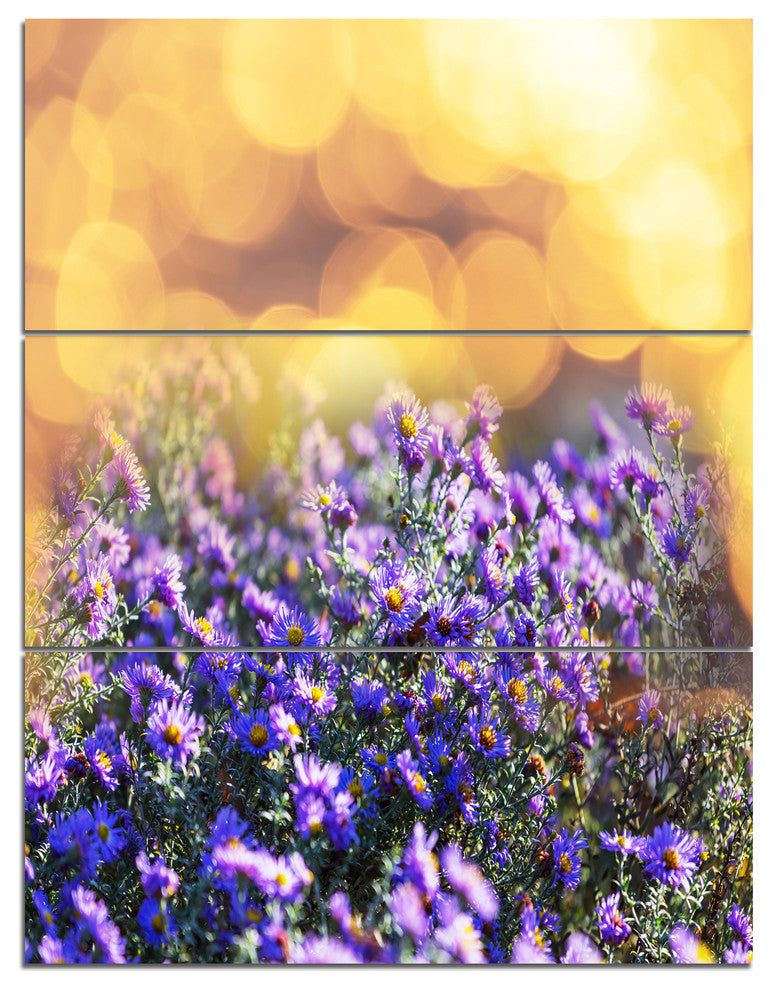 Purple Flowers on Brown Background, Flower Canvas Art Print, 28x36, 3 Panels