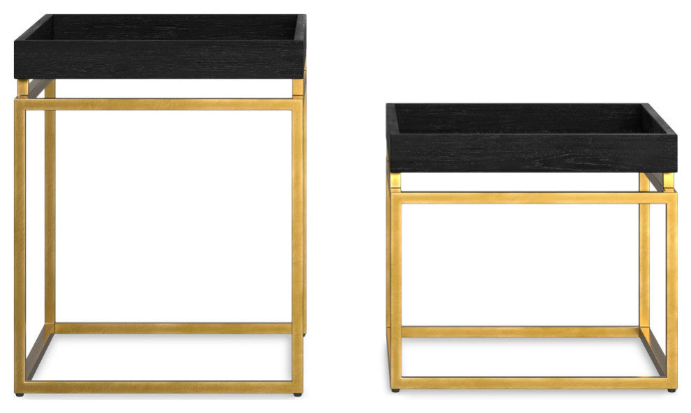 Macy Solid Mango Wood 2 Pc Nesting Table, Black, Gold