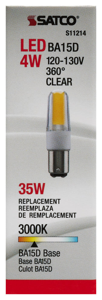 4W, LED, 3000K, Clear, Double Contact Bayonet Base, 120-130V