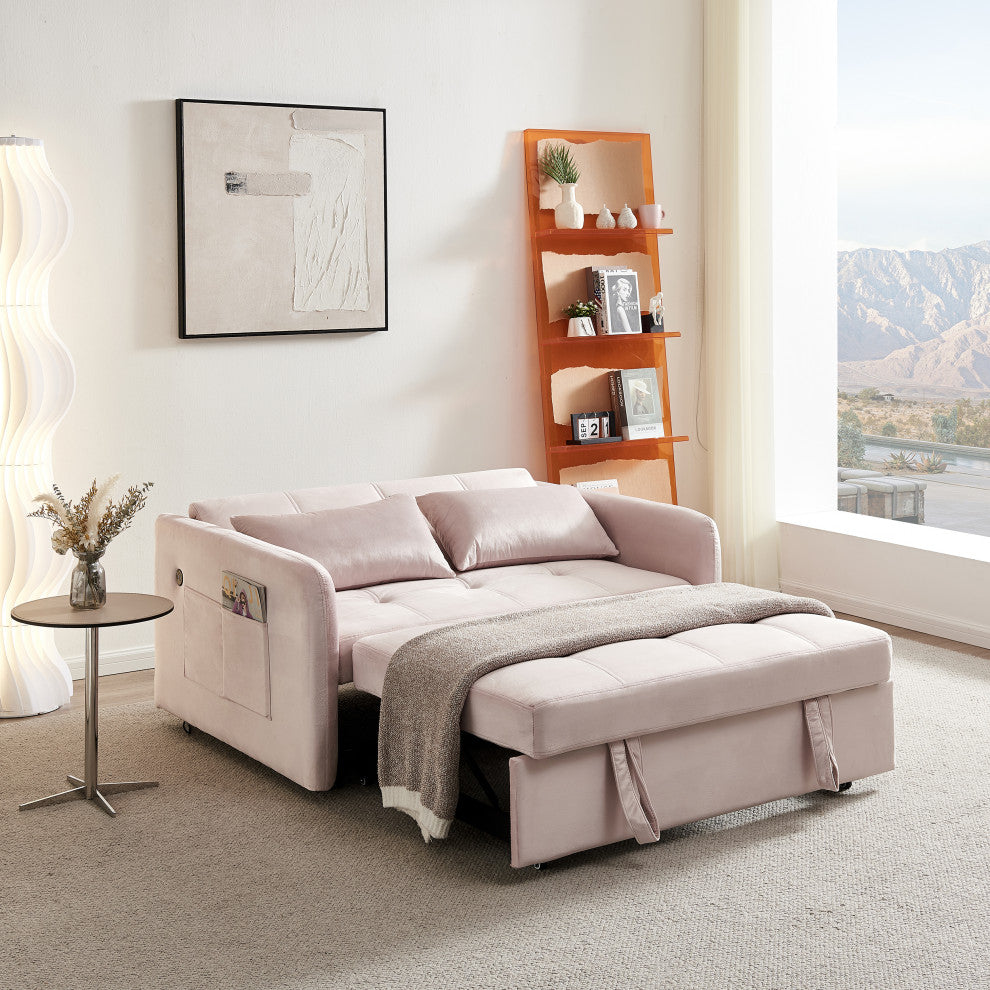 TATEUS 55.5" Twins Pull Out Sofa Bed Velvet for Small Room Pink
