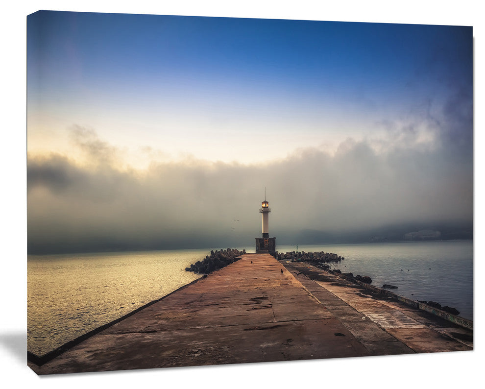 Lighthouse on Coast and Cloudy Sky, Modern Canvas Art Print, 60"x28"