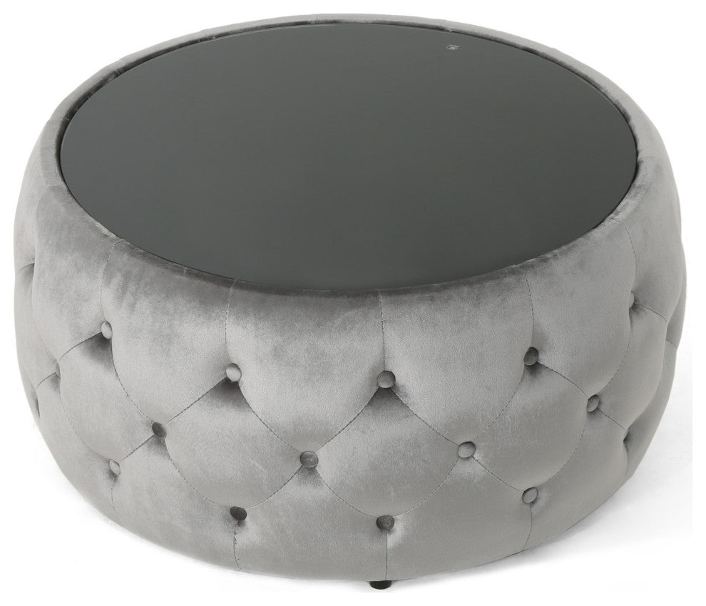 GDF Studio Ivy Glam Velvet and Tempered Glass Coffee Table Ottoman, Smoke/Black