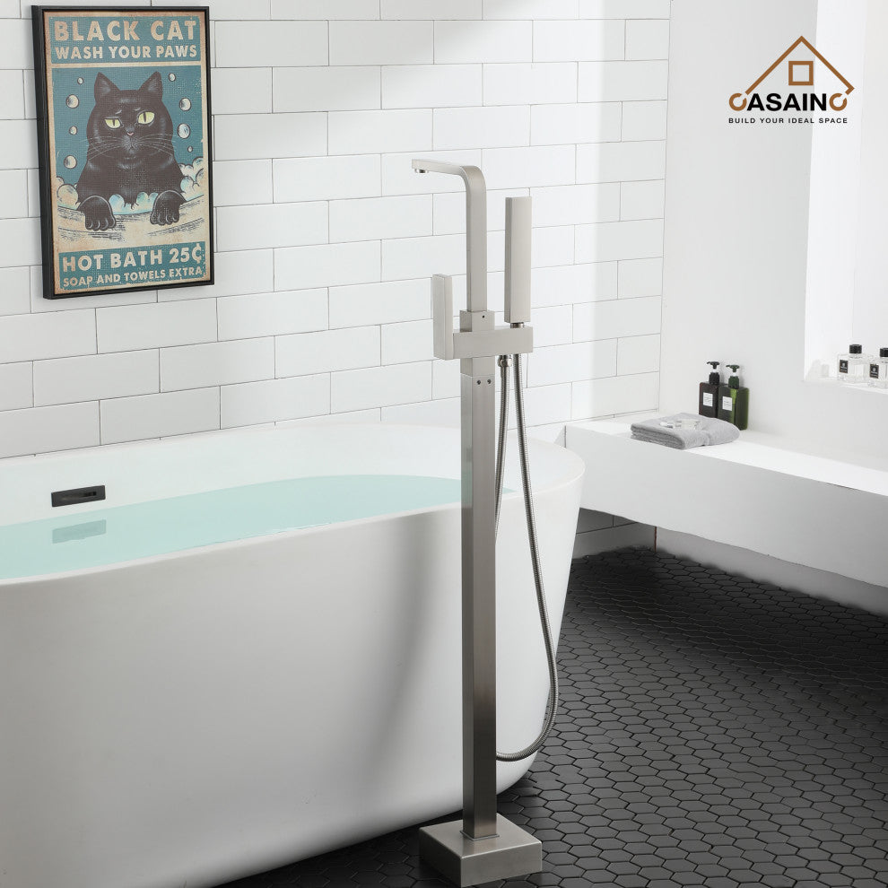 Floor Mount Tub Filler with Handheld Shower Head, Brushed Nickel