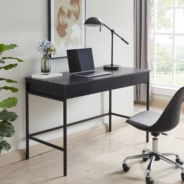Transitional Desk, Open Frame With Worktop & Handless Drawers, Black