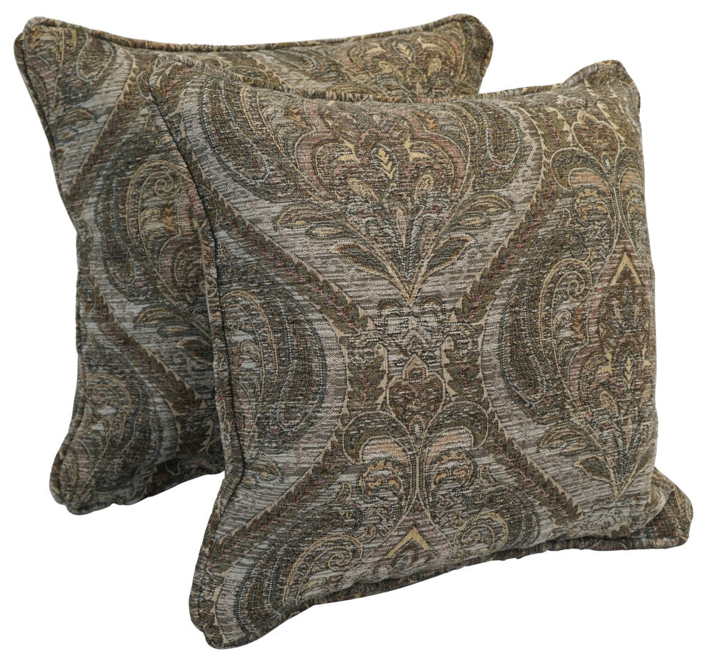 18" Double-Corded Jacquard Chenille Square Throw Pillows, Set of 2, Gray Damask