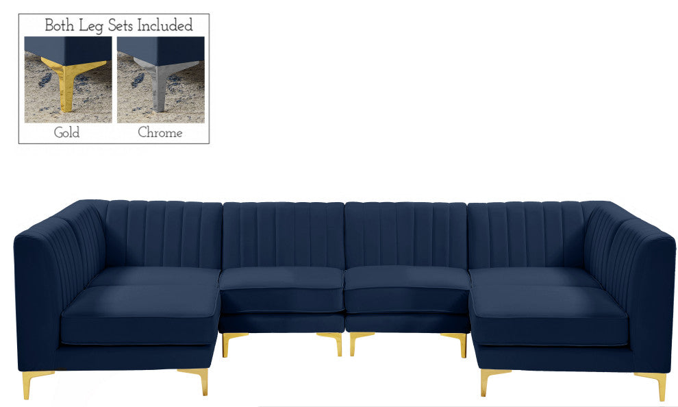 Alina Velvet Modular U-Shaped Sectional, Navy, 6-Piece: 4 Armless Chair, 2 Corner Chair