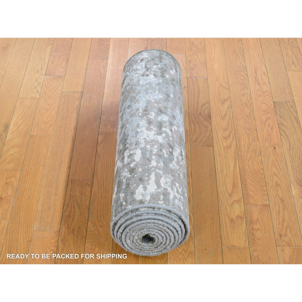 Gray, Pure Wool Modern Abstract Design, Hand Knotted, Runner Rug, 2'6"x12'1"